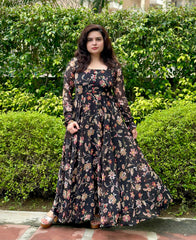 Printed Floral Black Chiffon Anarkali|Heavy Flare- Festive & Wedding Wear