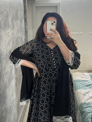Black Printed Umbrella Kurti set with Lace Detailing