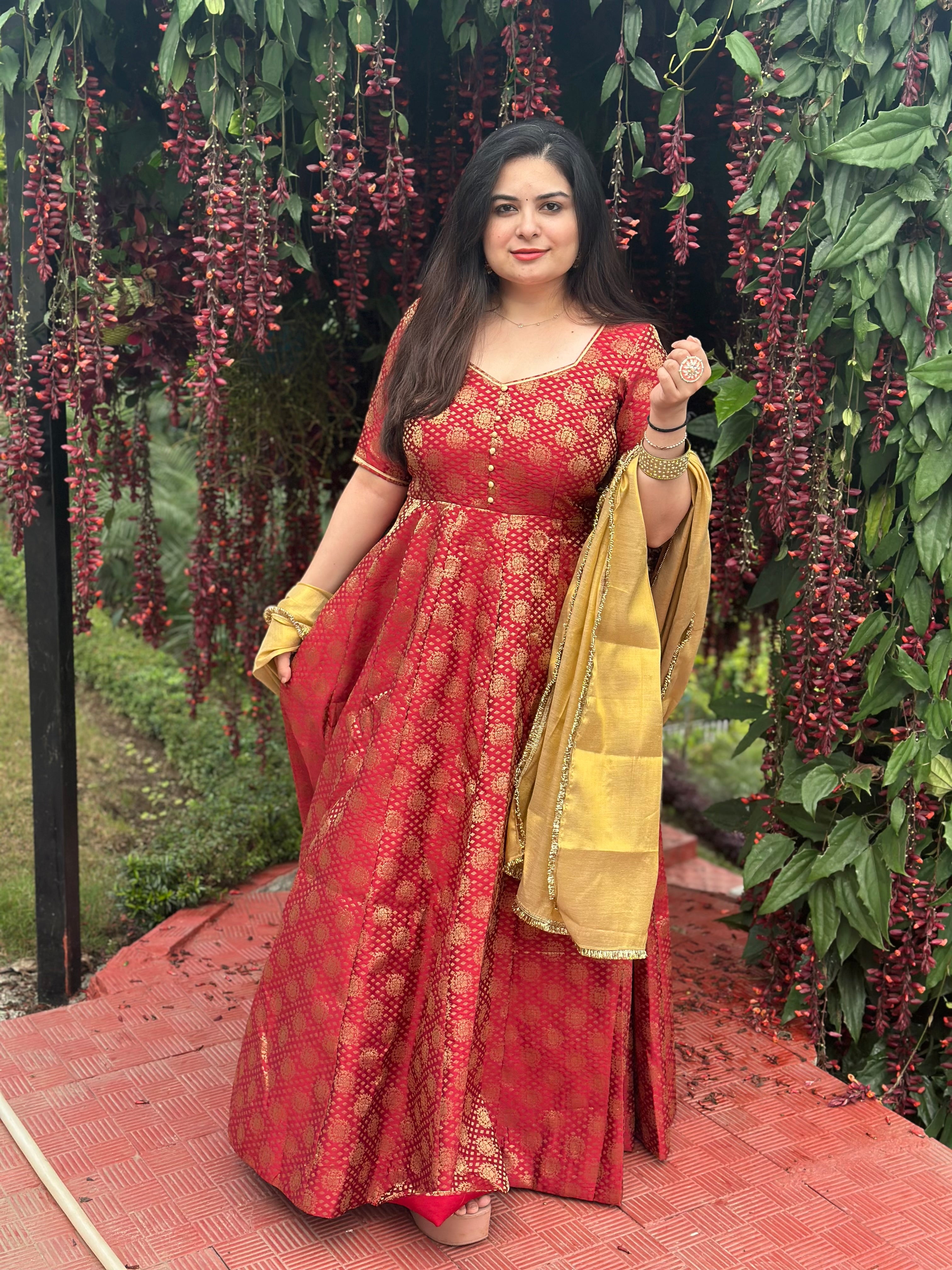 Red brocade silk partywear Anarkali