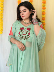 Partywear Hand embroidered Sea Green Skirt Set
