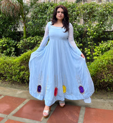 Party wear Hand Embroidered Powder Blue Georgette Anarkali