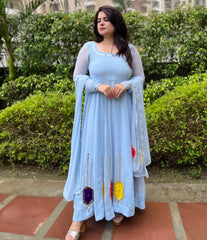 Party wear Hand Embroidered Powder Blue Georgette Anarkali