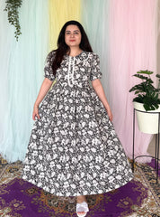Black & White Floral Cotton Midi Dress
