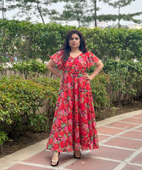 Floral Printed Chiffon Maxi With Umbrella Sleeves- Chic Party&Festive wear