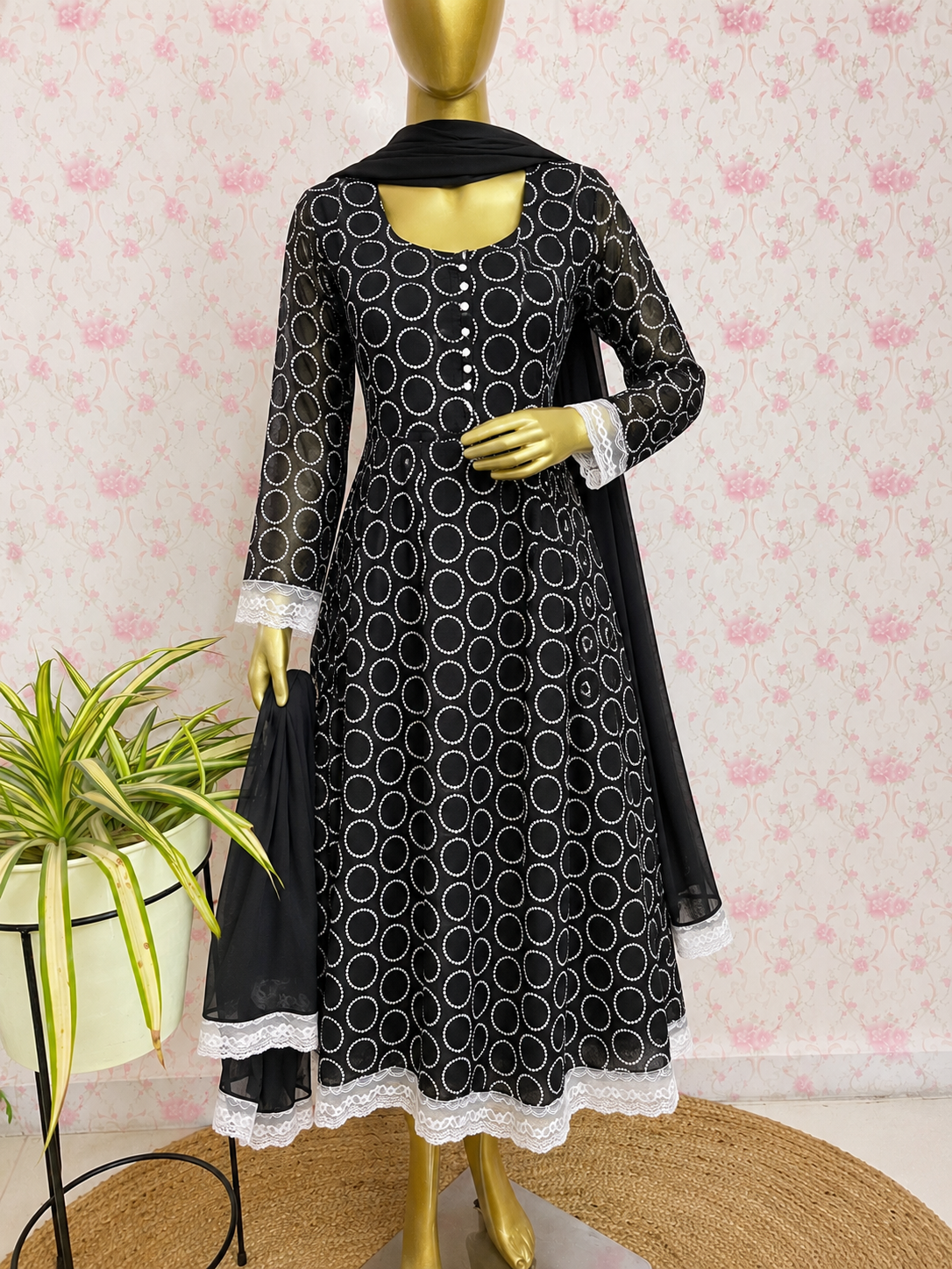 Black Printed Umbrella Kurti set with Lace Detailing