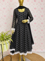 Black Printed Umbrella Kurti set with Lace Detailing