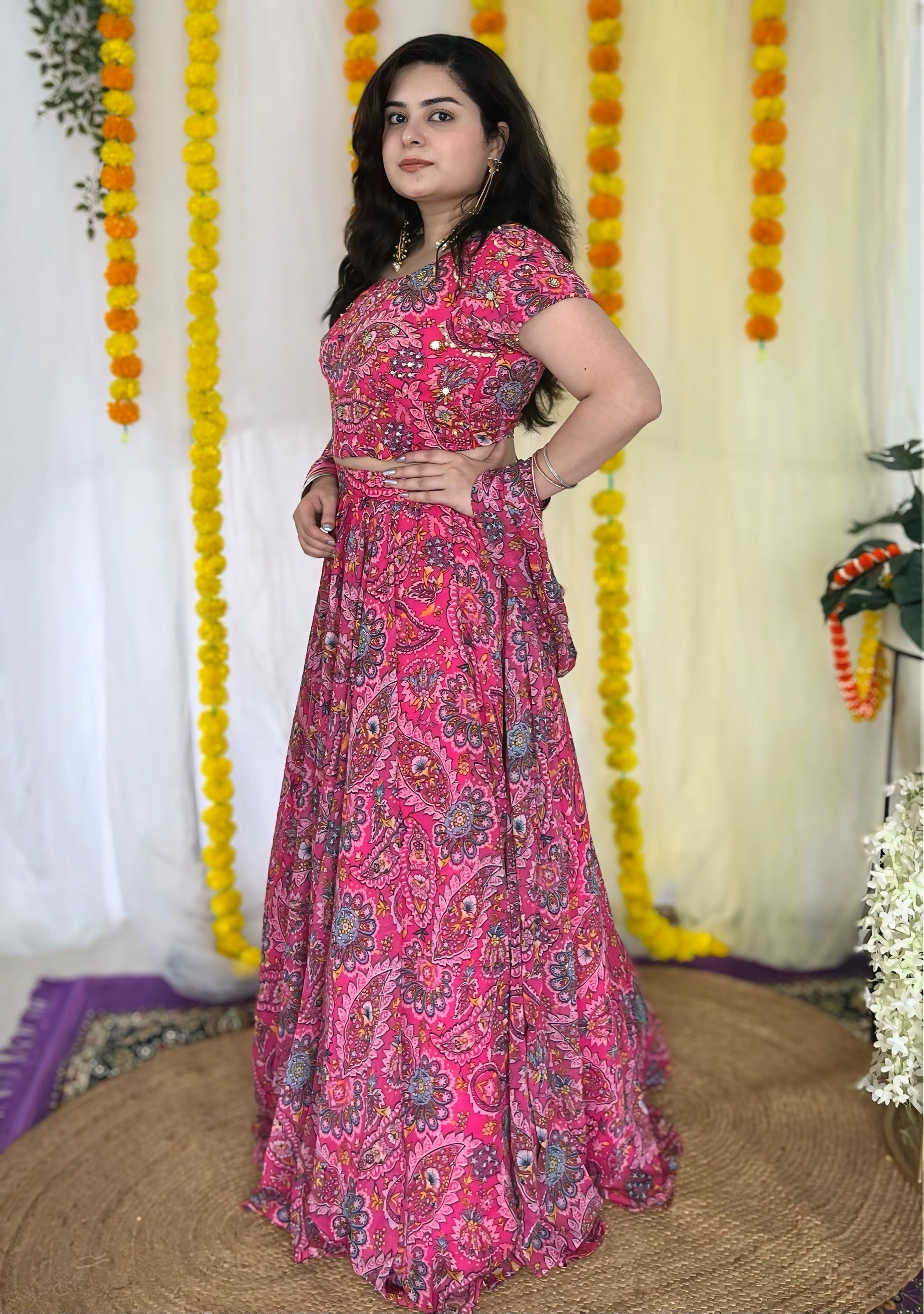 Party wear Hand embroidered Pink Lehnga set