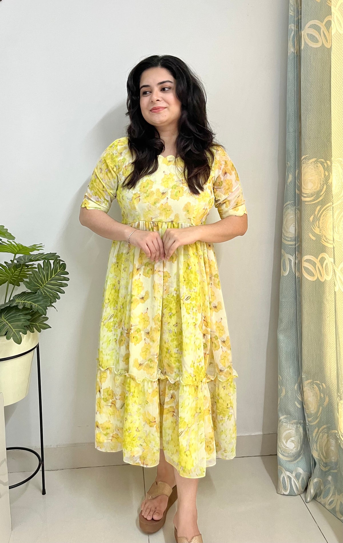 Printed georgette yellow dress