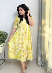 Printed georgette yellow dress