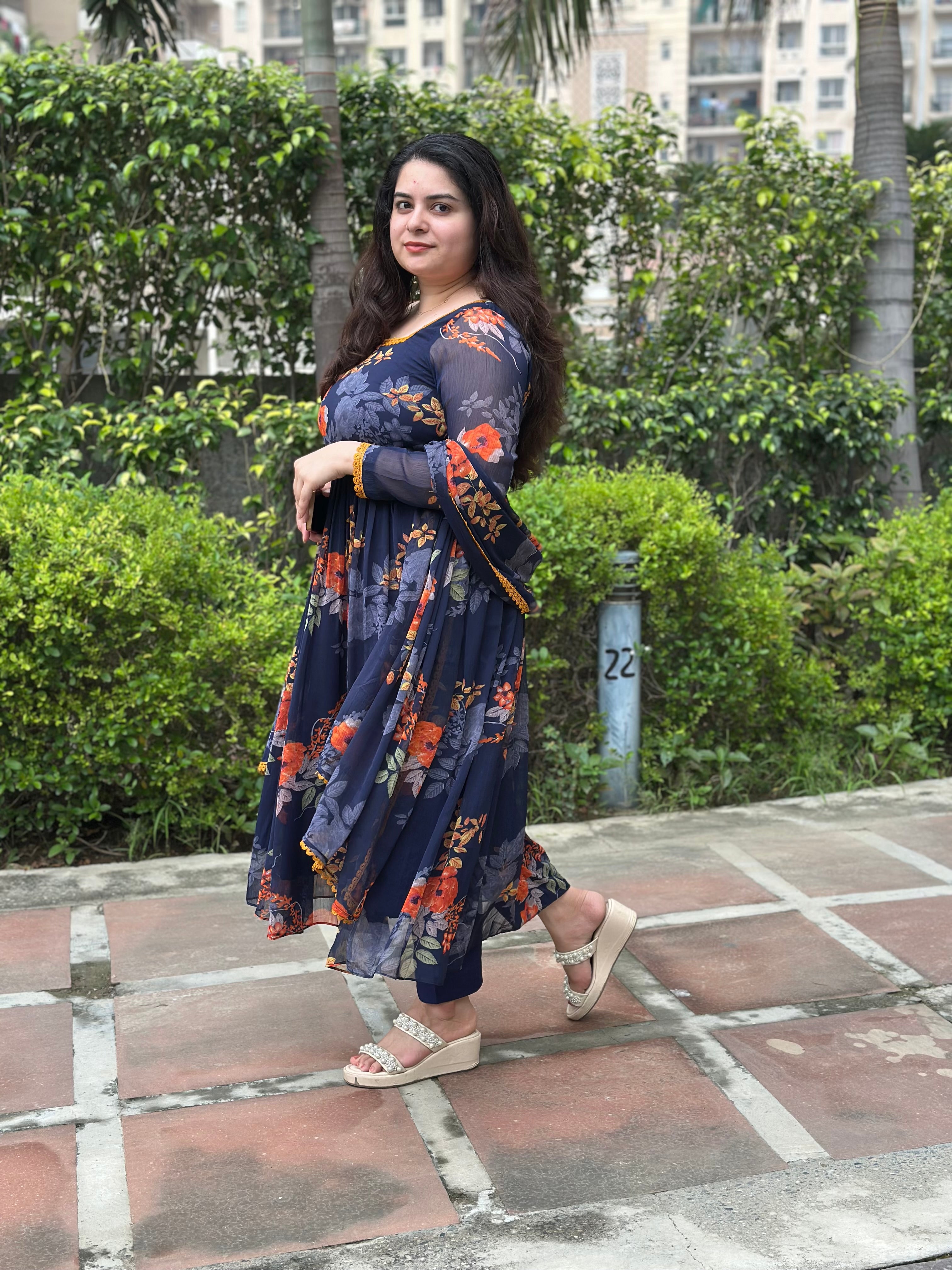 Navy Printed Floral Kurta Set