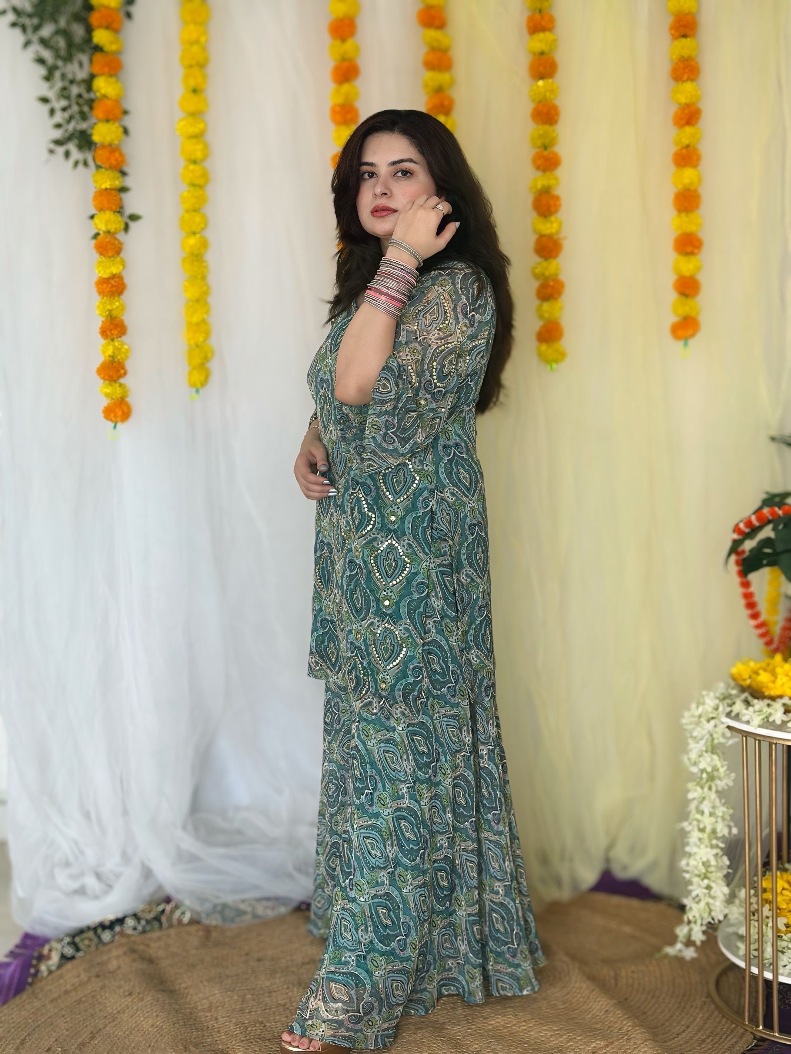 Party wear hand embroidered printed suit palazoo set