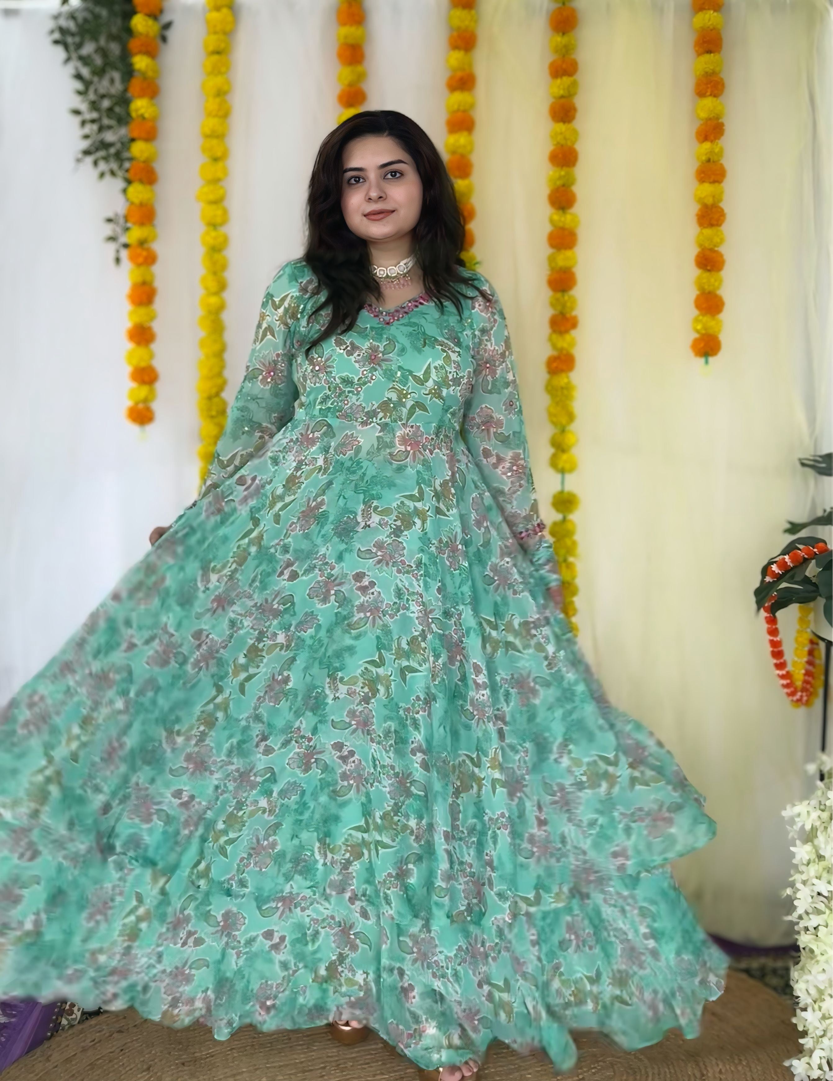 Hand embroidered sea green printed chiffon anarkali skirt set