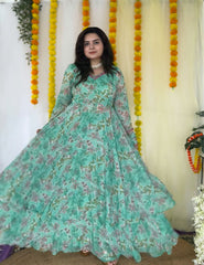 Hand embroidered sea green printed chiffon anarkali skirt set