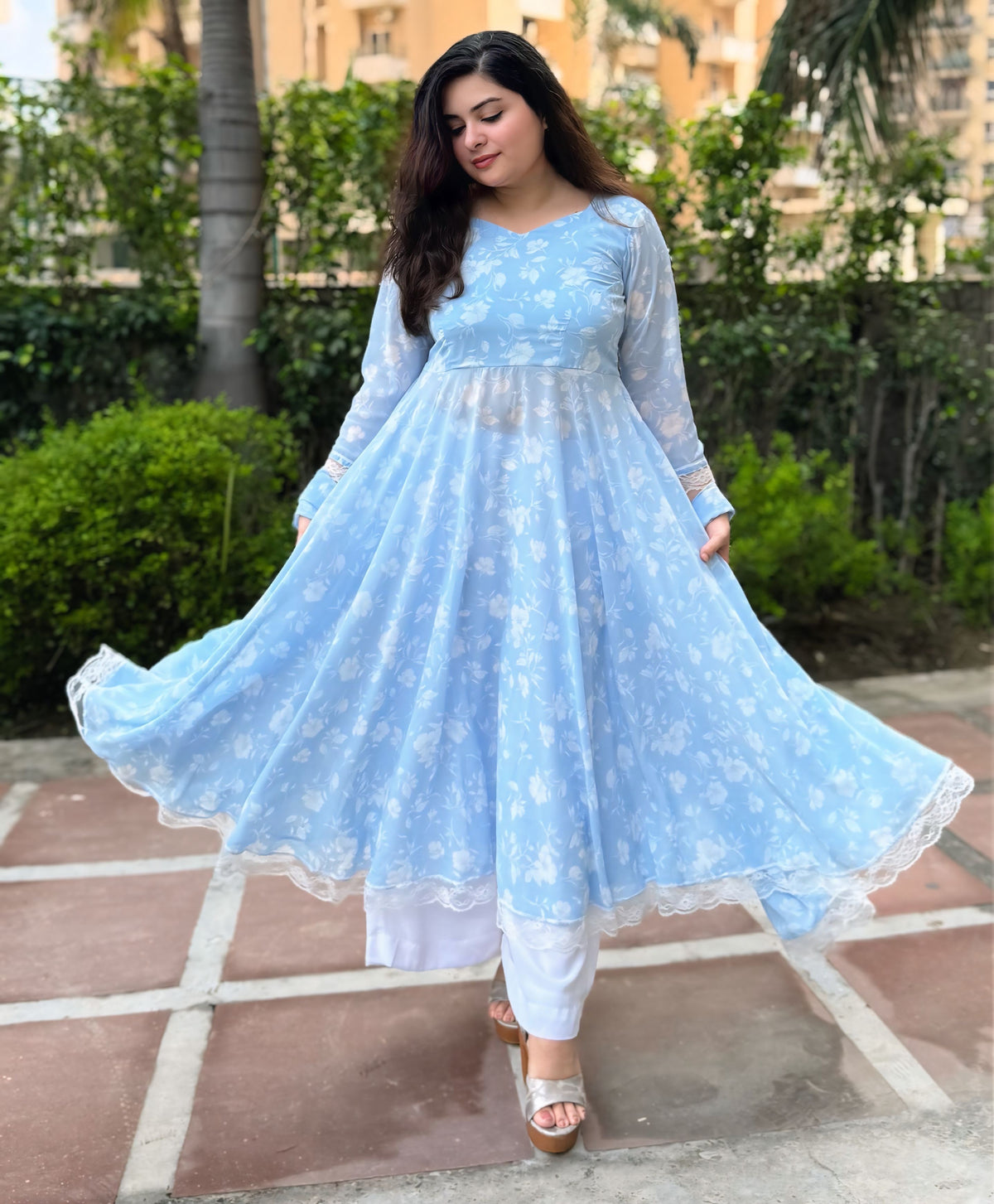 Pure Georgette Powder Blue Cinderella Kurta set