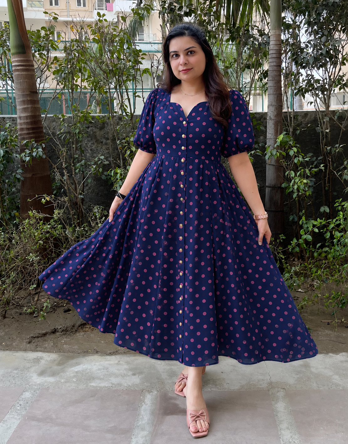 Blue polka georgette summer dress