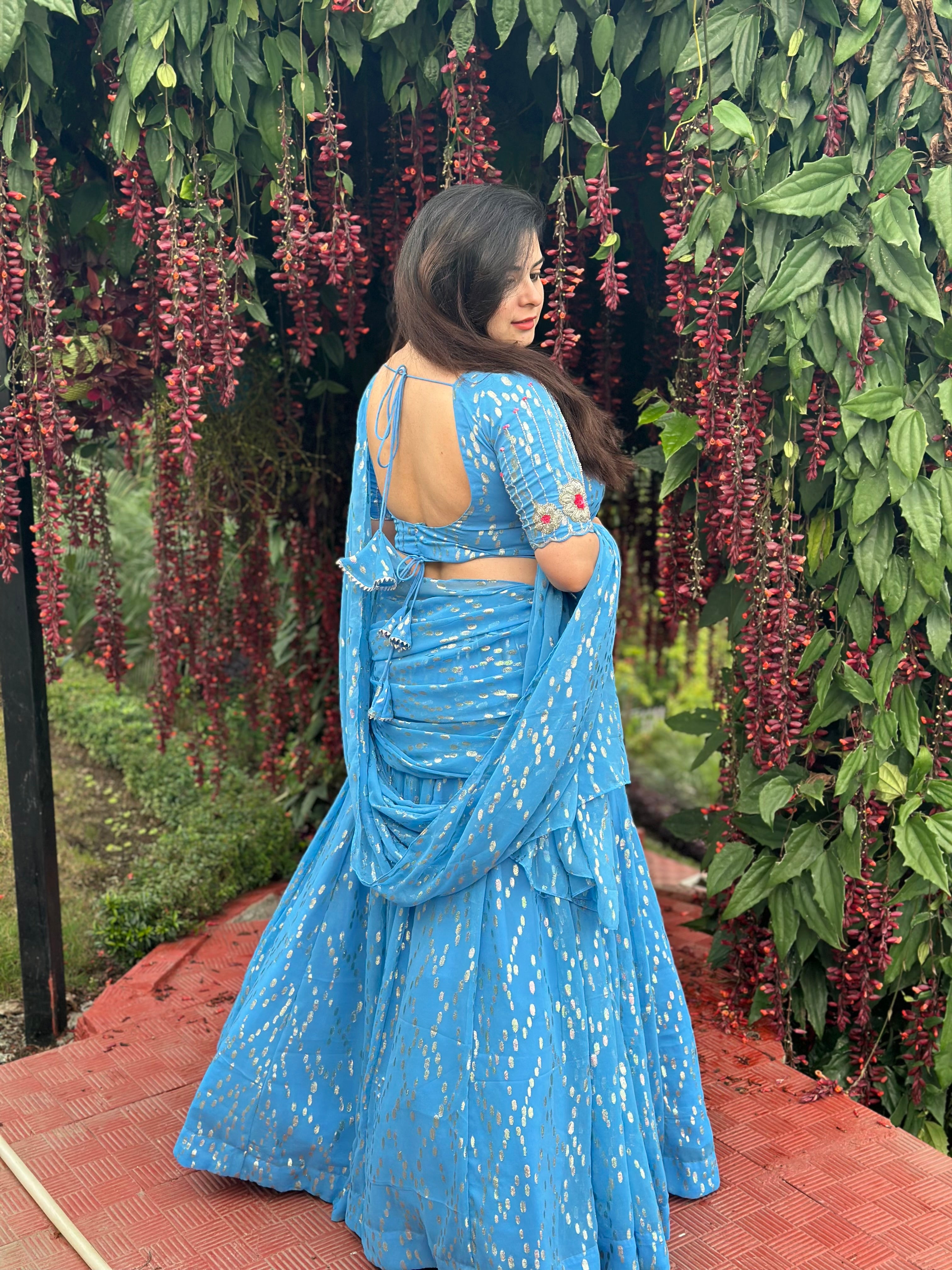 Hand embroidered blue Georgette self embroidered lehnga saree