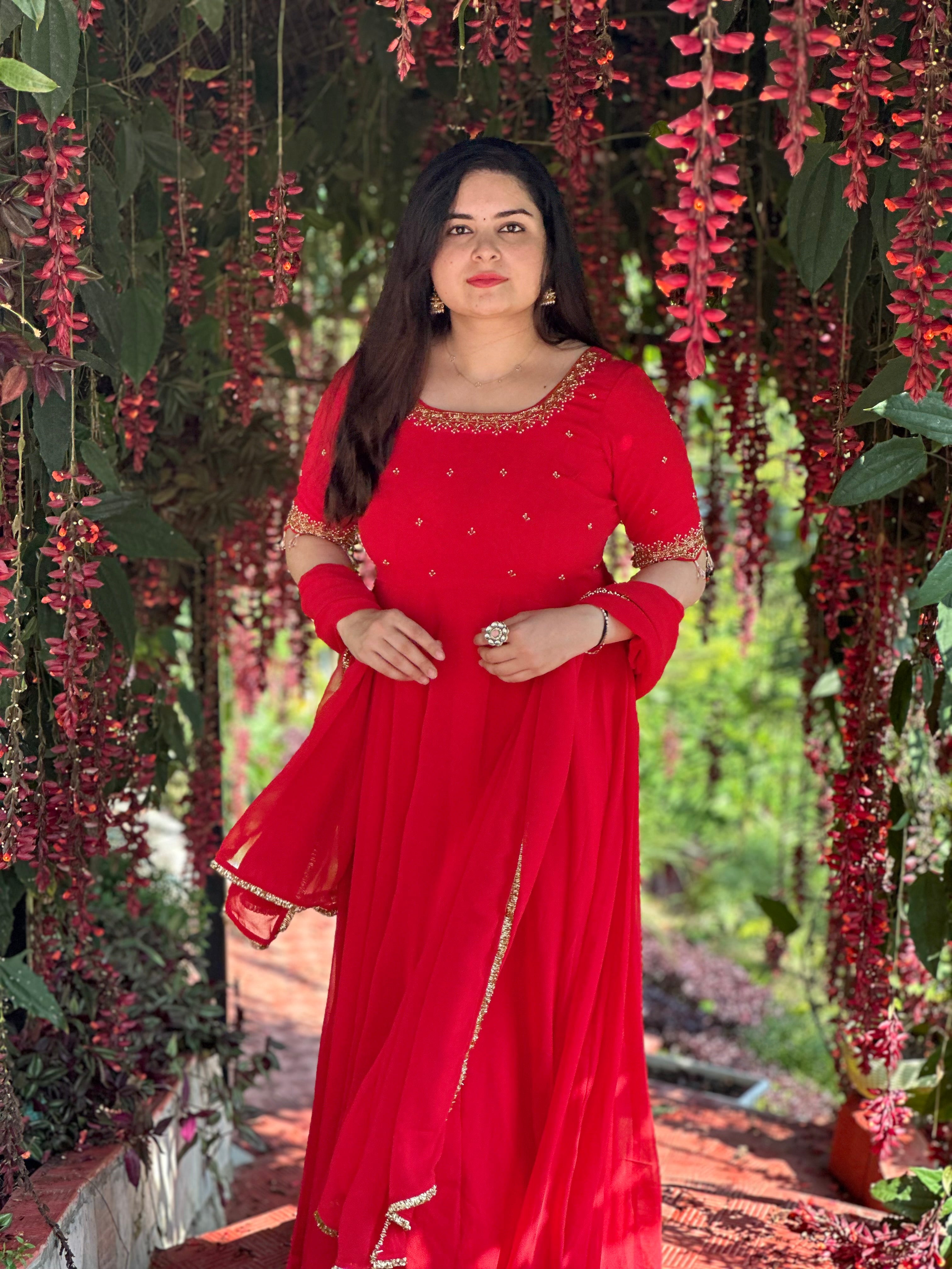 Party wear Hand embroidered red Anarkali