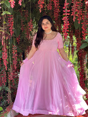 Party wear hand embroidered pink georgette anarkali