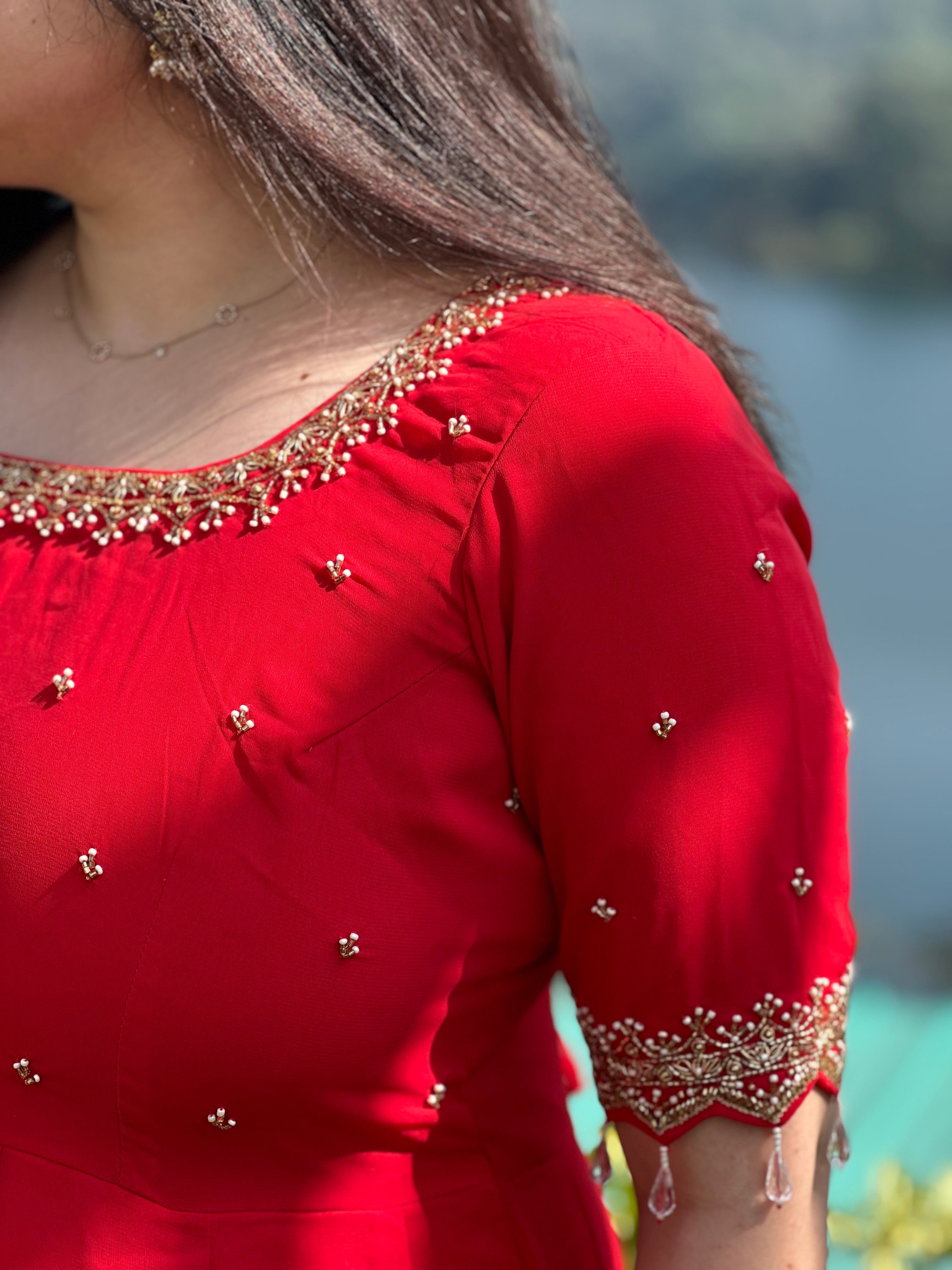 Party wear Hand embroidered red Anarkali