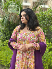 Cream Party wear Floral Chiffon Anarkali with Contrast Dupatta