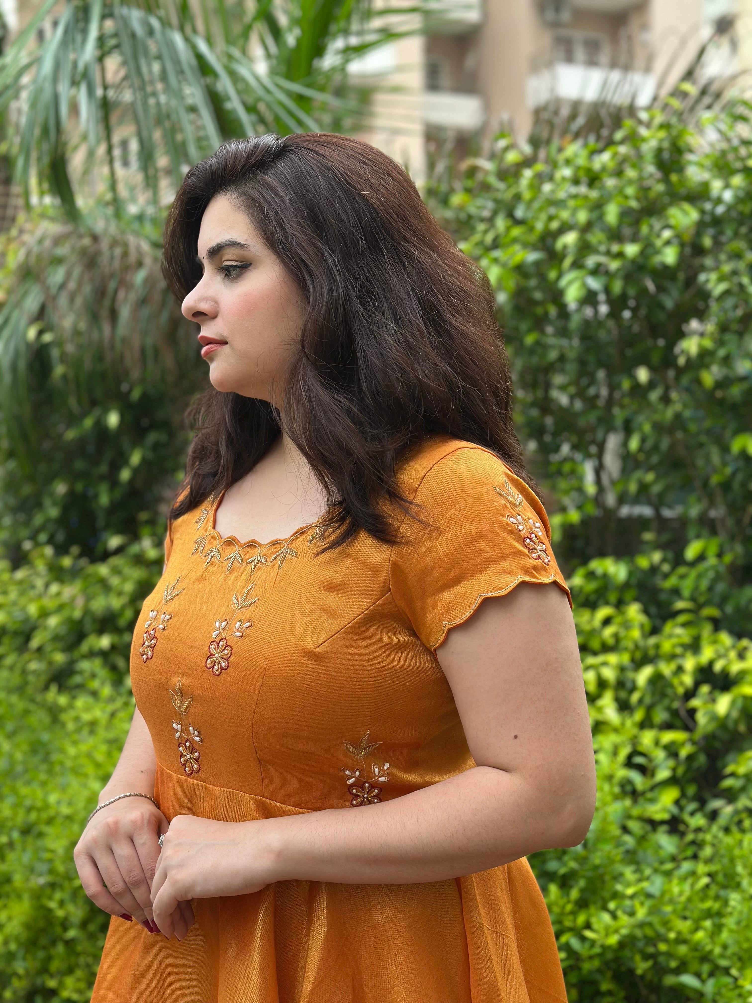 Hand embroidered mustard silk tissue anarkali with maroon brocade border