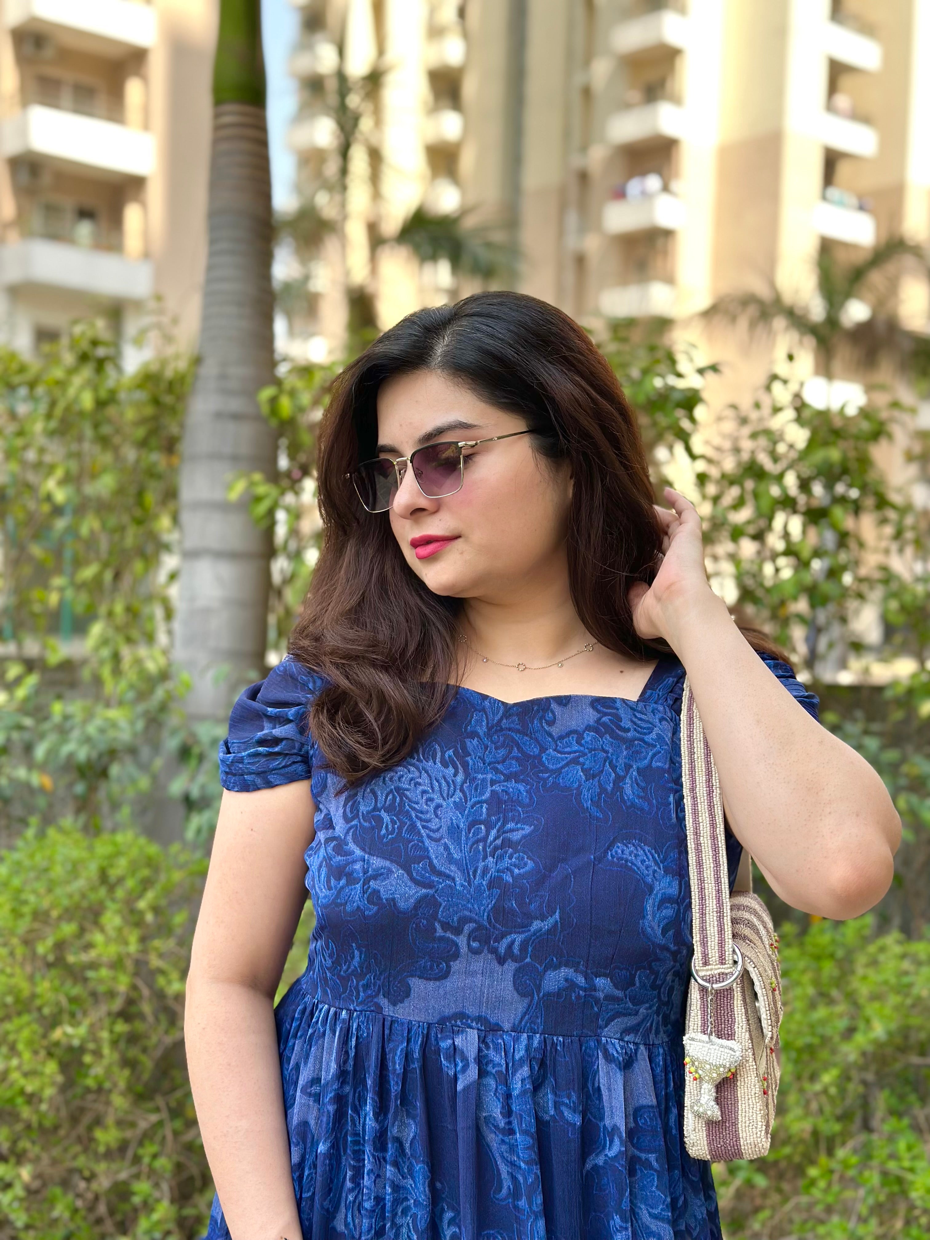 Navy Blue Printed Chiffon Frock For Women| Summer Flowing Midi Dress