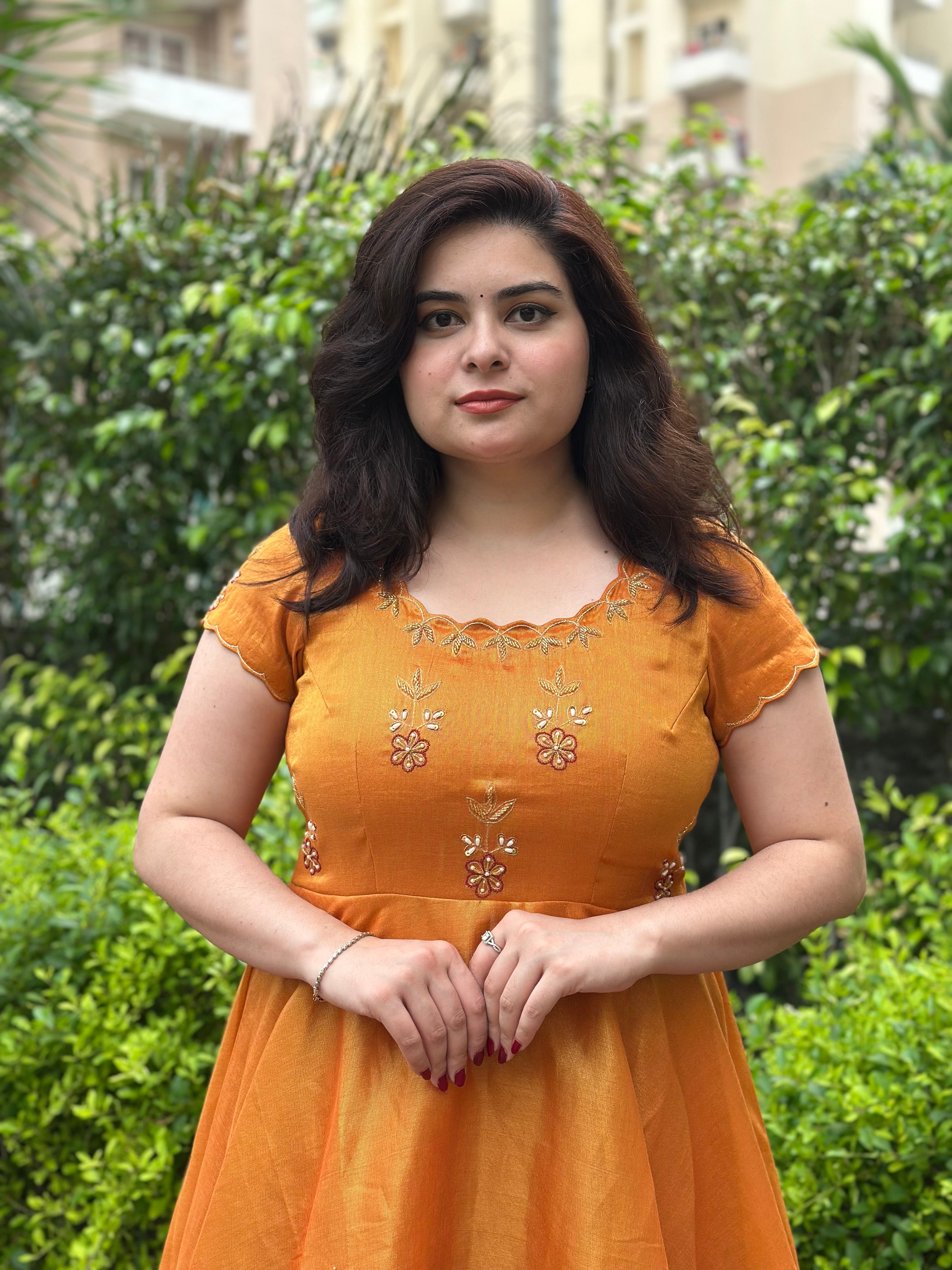 Hand embroidered mustard silk tissue anarkali with maroon brocade border