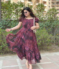 Wine Floral Chiffon Midi Dress For Women| Elegant Summer Party Wear Dress