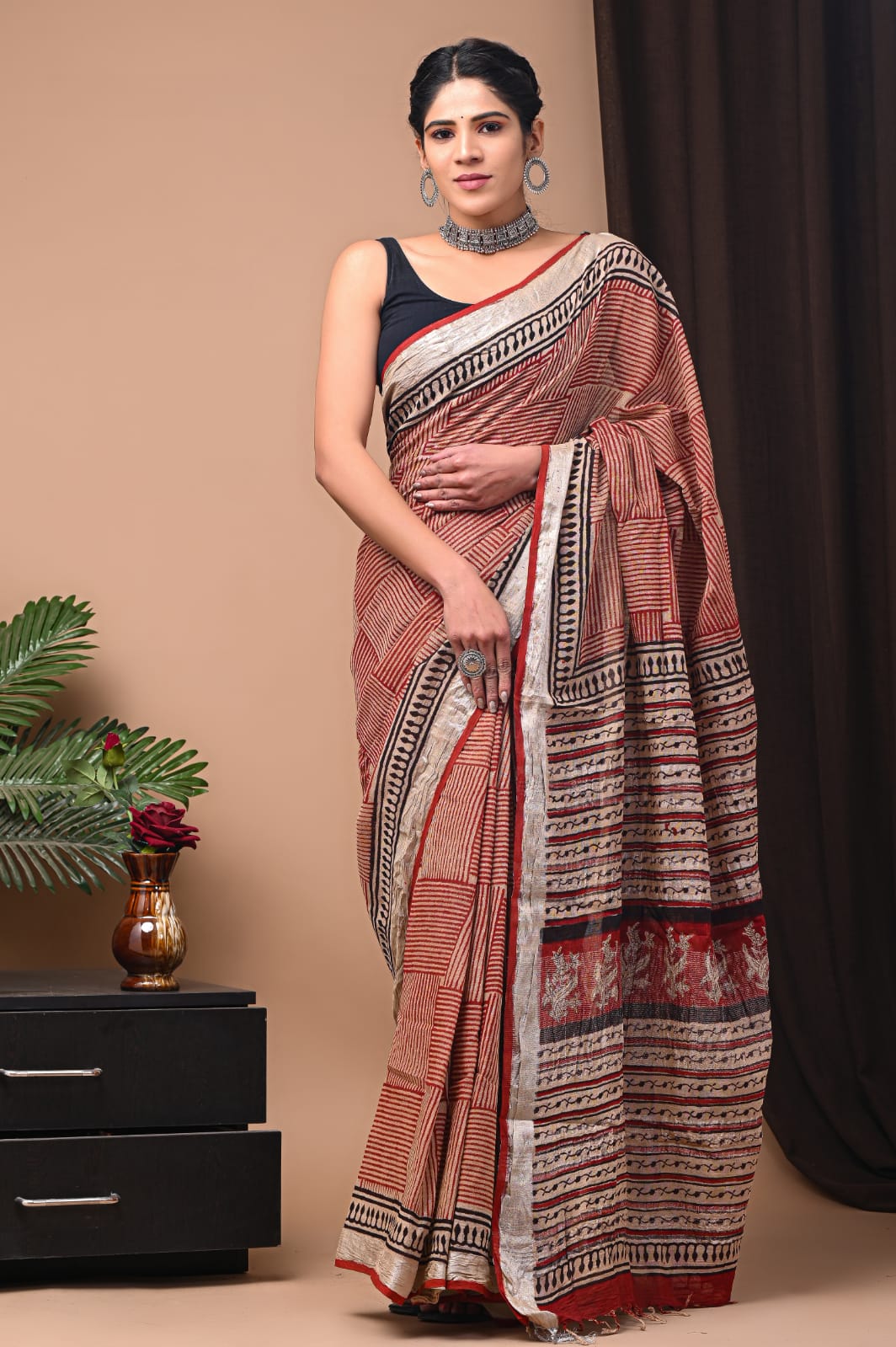 lining hand block linen cotton saree with blouse piece