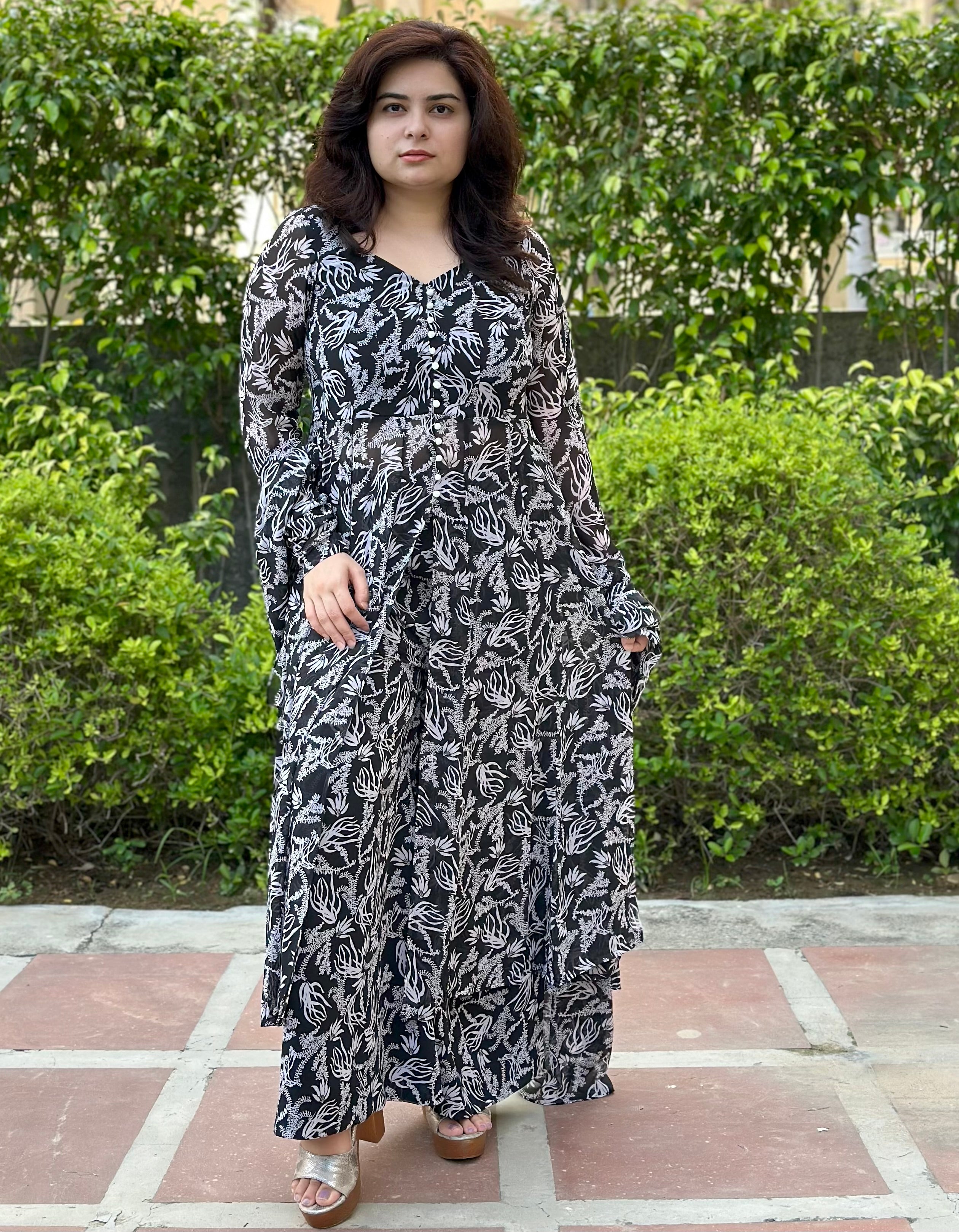 Black & White Georgette Front Slit Anarkali Set