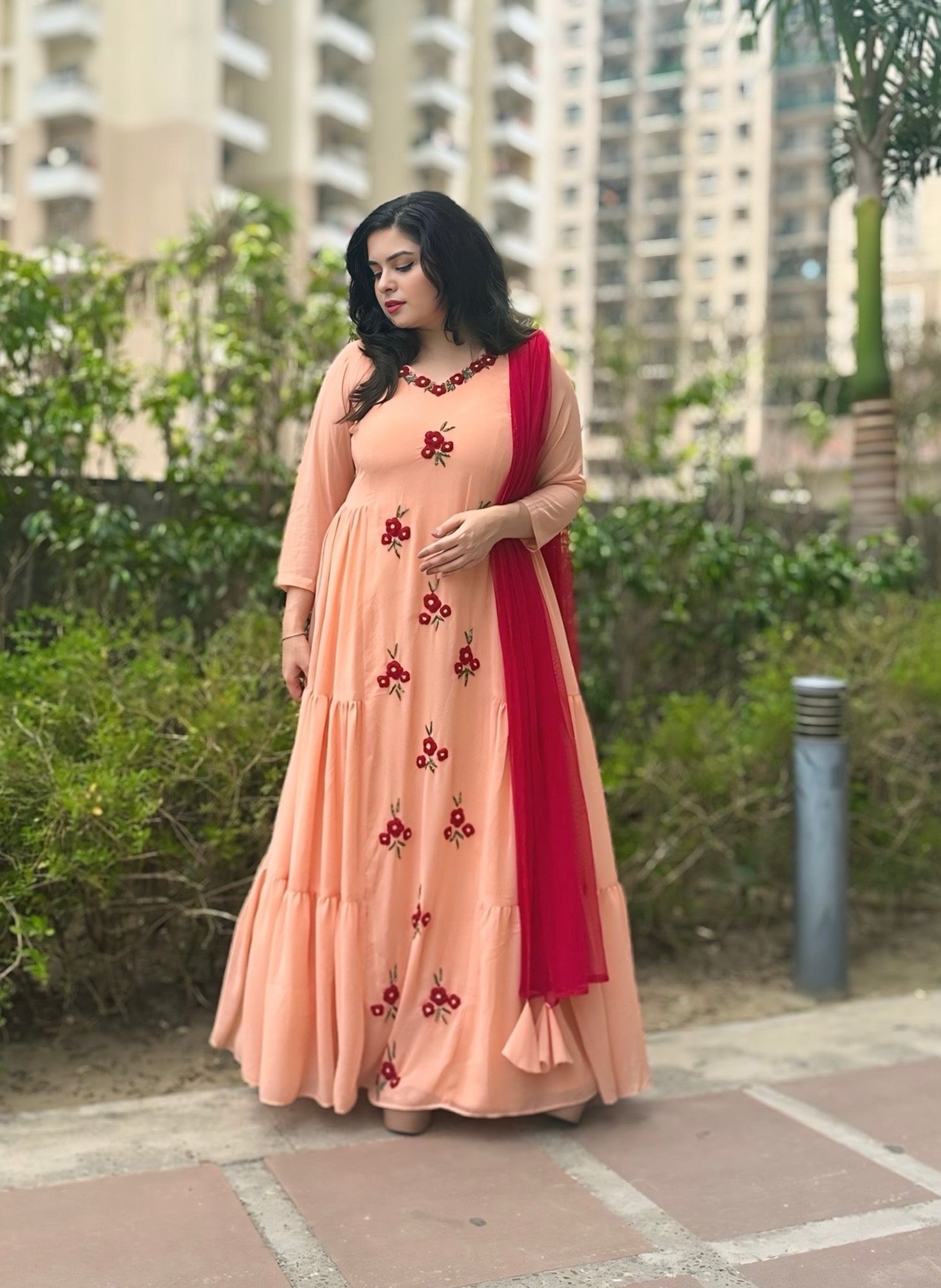 Partywear hand embroidered peach maxi