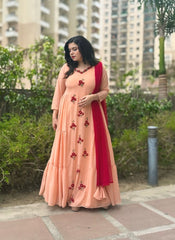 Partywear hand embroidered peach maxi