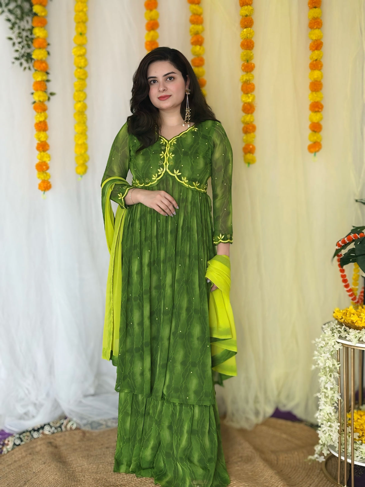 Party-wear Hand Embroidered Green Sharara Suit set