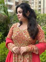 Beige Party wear Hand Embroidered Floral Chiffon Anarkali with Dupatta
