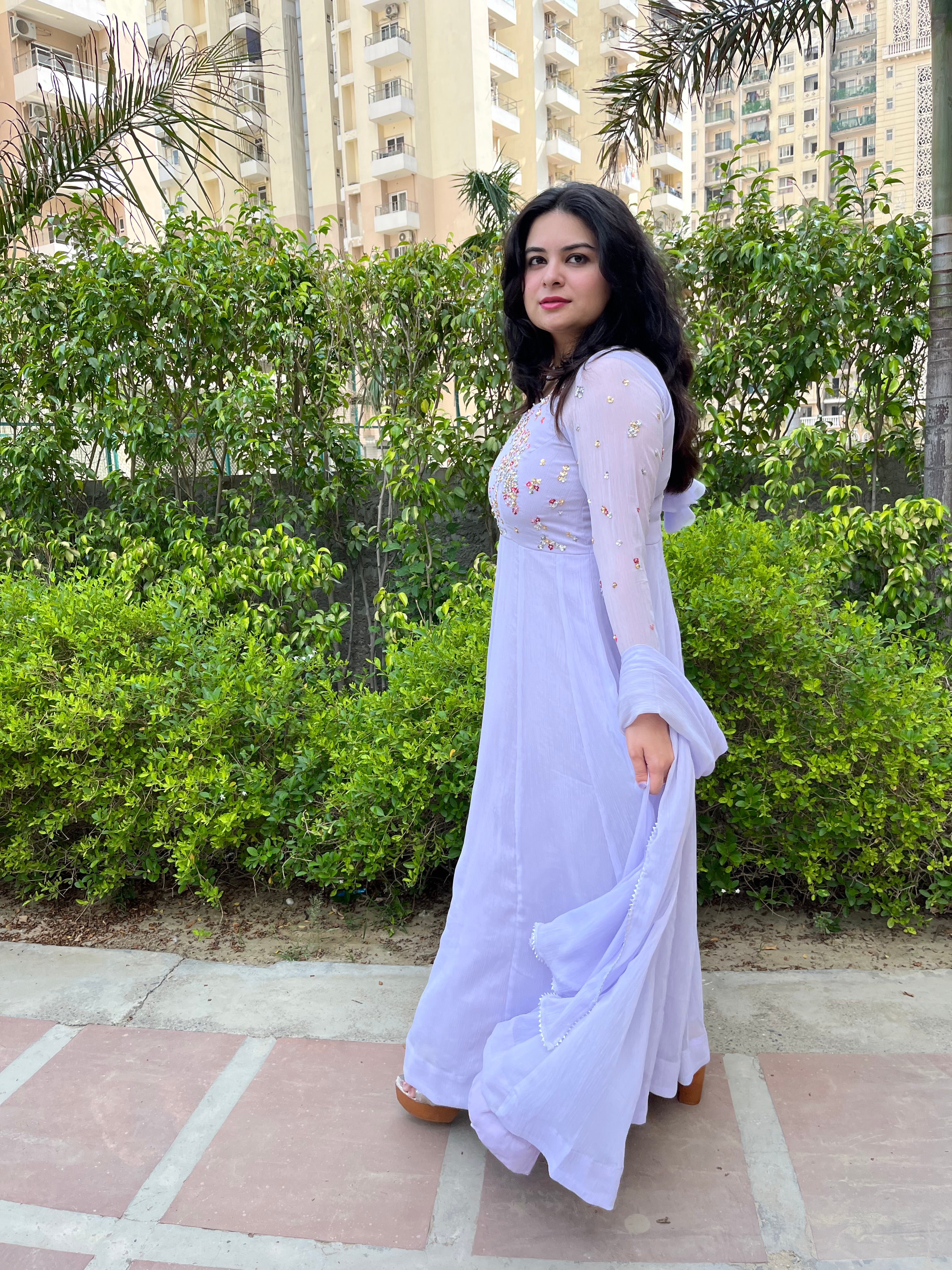 Party wear hand embroidered lilac chiffon anarkali