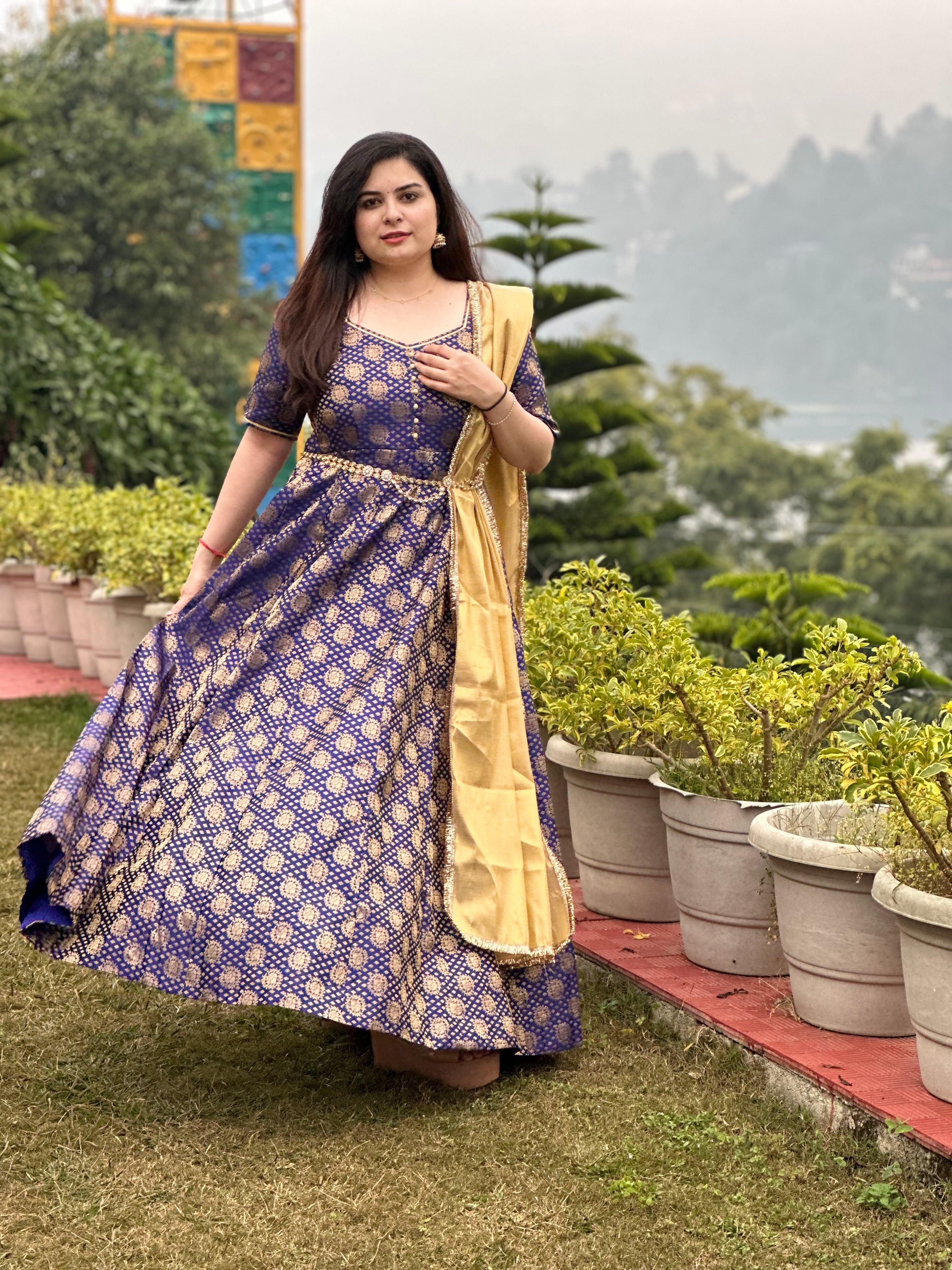 Blue brocade silk party wear Anarkali