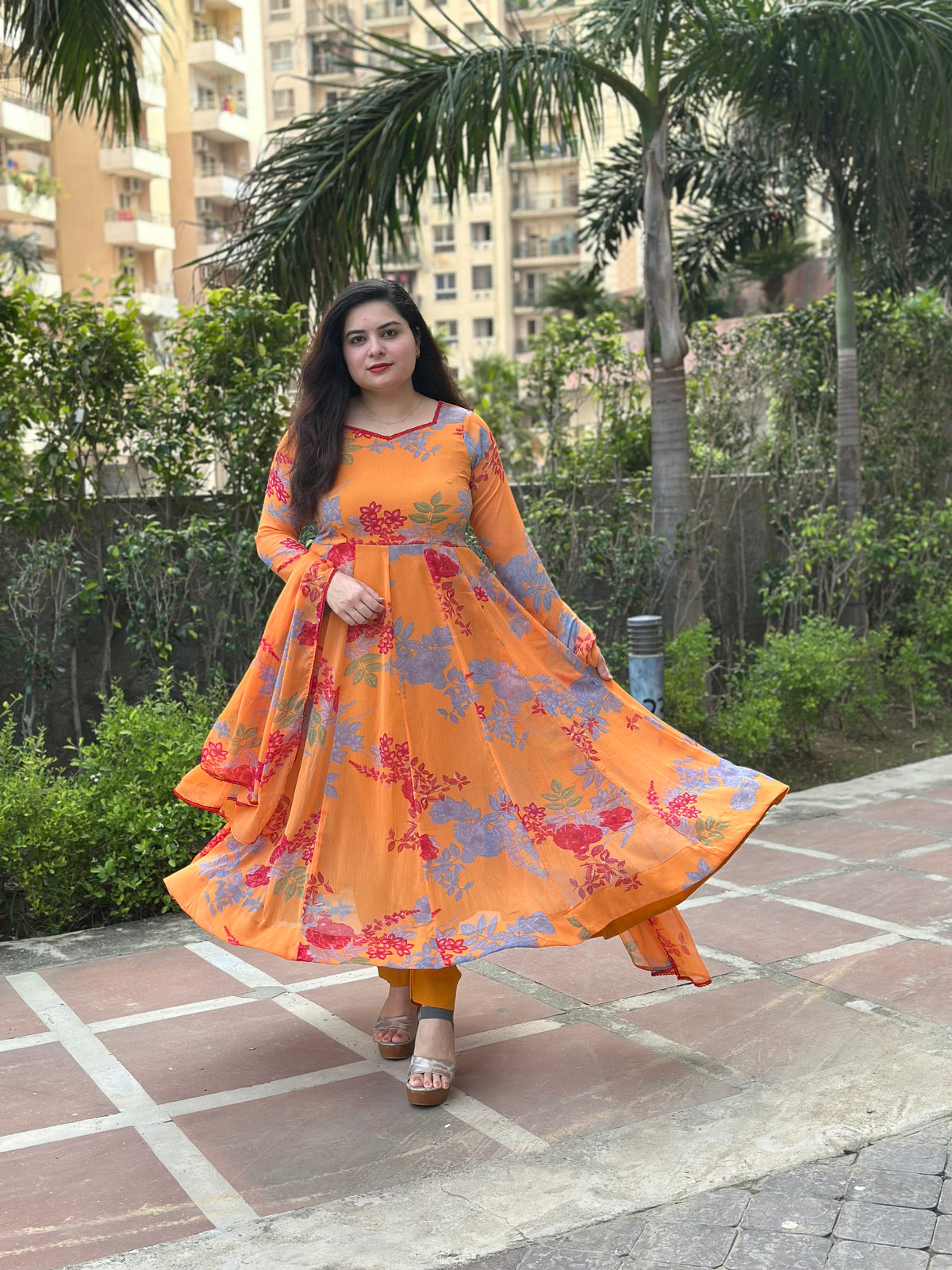Orange Floral Chiffon Anarkali Suit Set| Kasumi