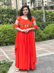 Hand Embroidered Orange Georgette Pleated Anarkali