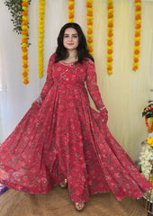 Party wear Hand Embroidered Digital printed Anarkali with dupatta