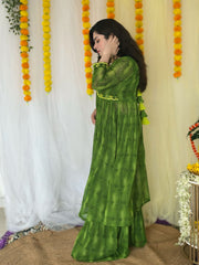 Party-wear Hand Embroidered Green Sharara Suit set