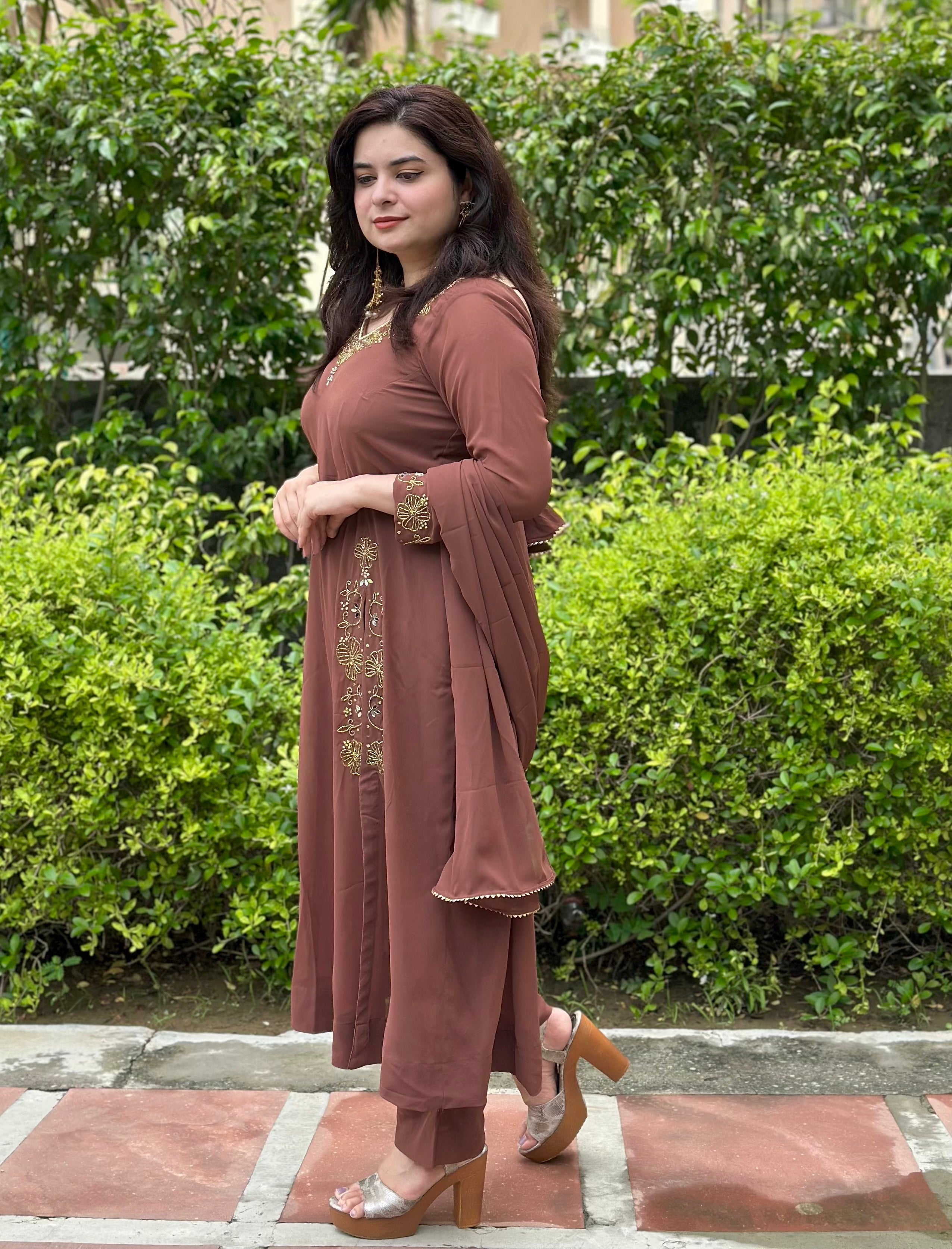 Hand embroidered brown georgette suit set