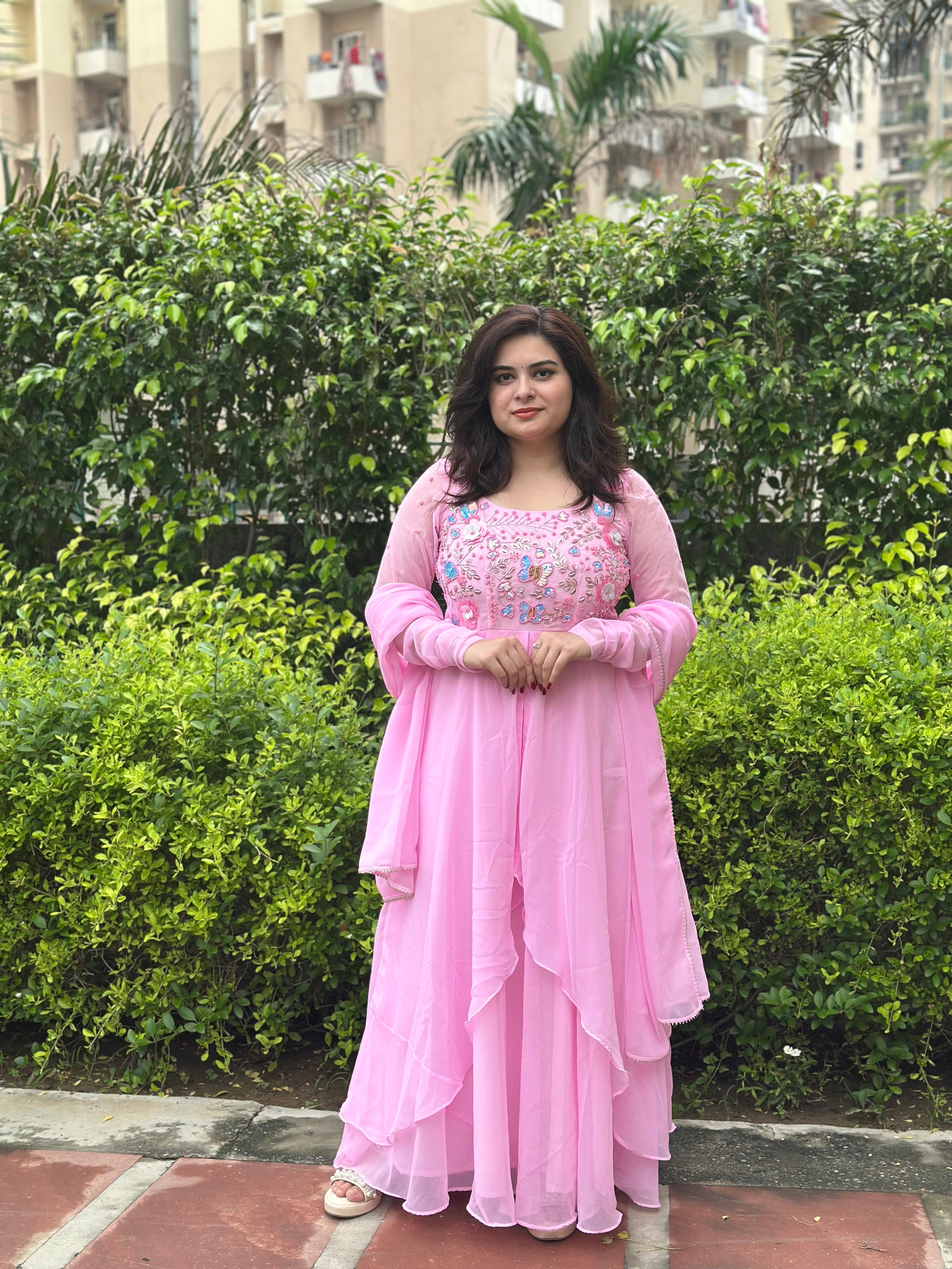 Hand embroidered georgette pink anarkali