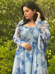 Delicate Hand Embroidered Floral Chiffon Anarkali with Dupatta