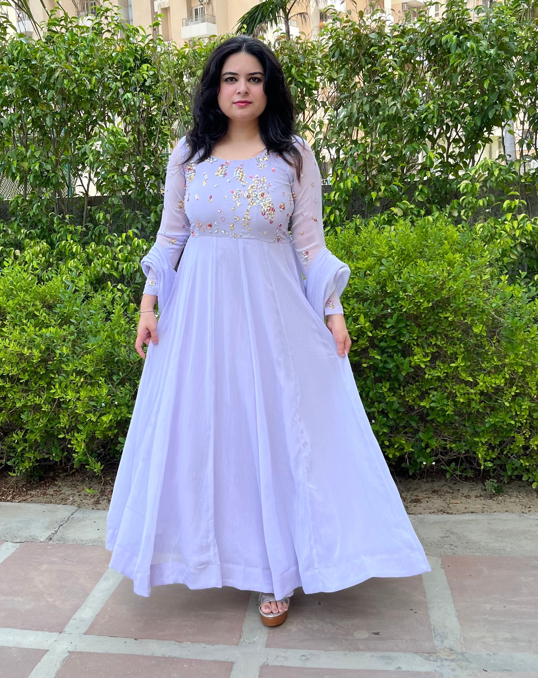 Party wear hand embroidered lilac chiffon anarkali
