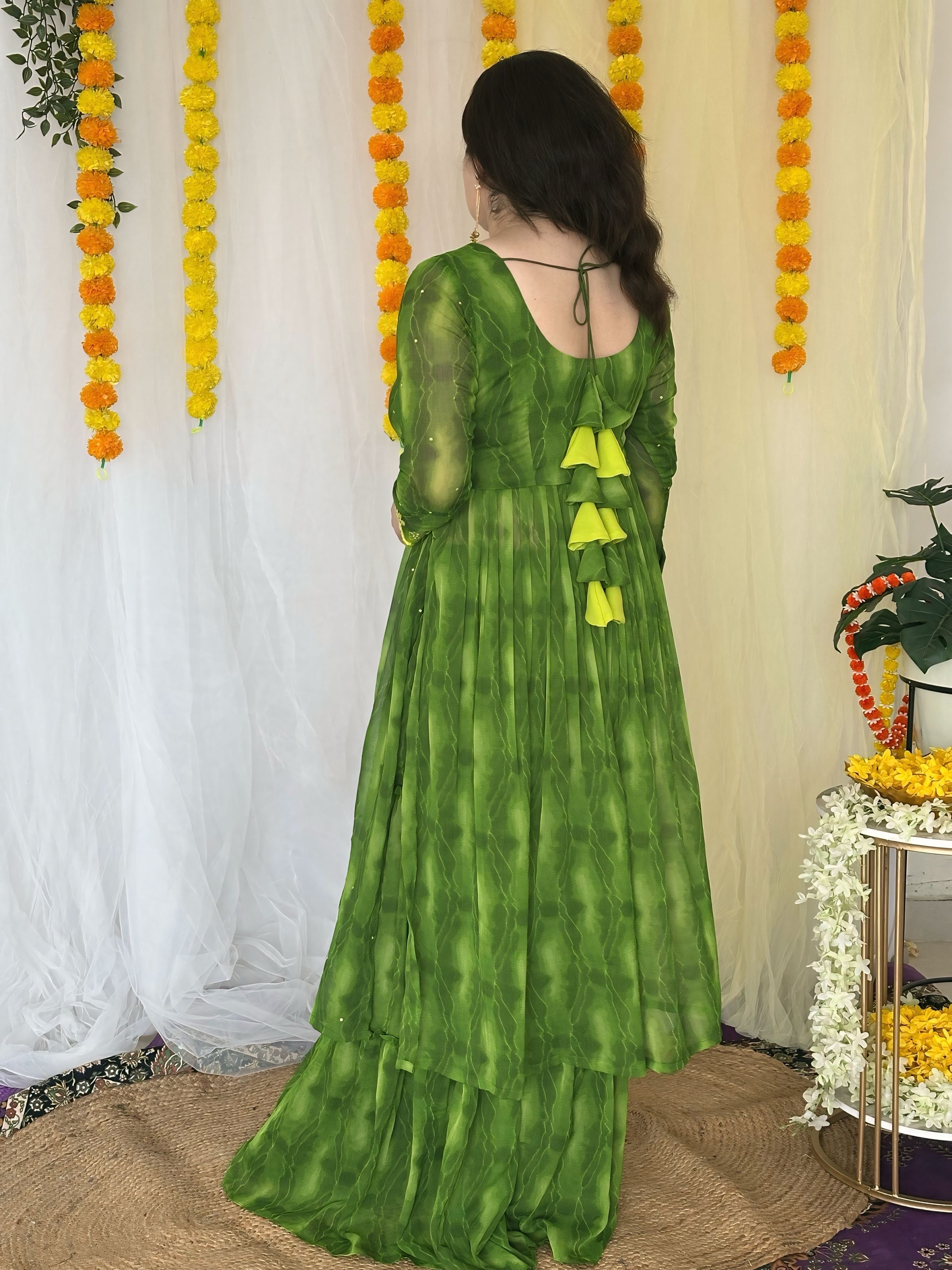 Party-wear Hand Embroidered Green Sharara Suit set