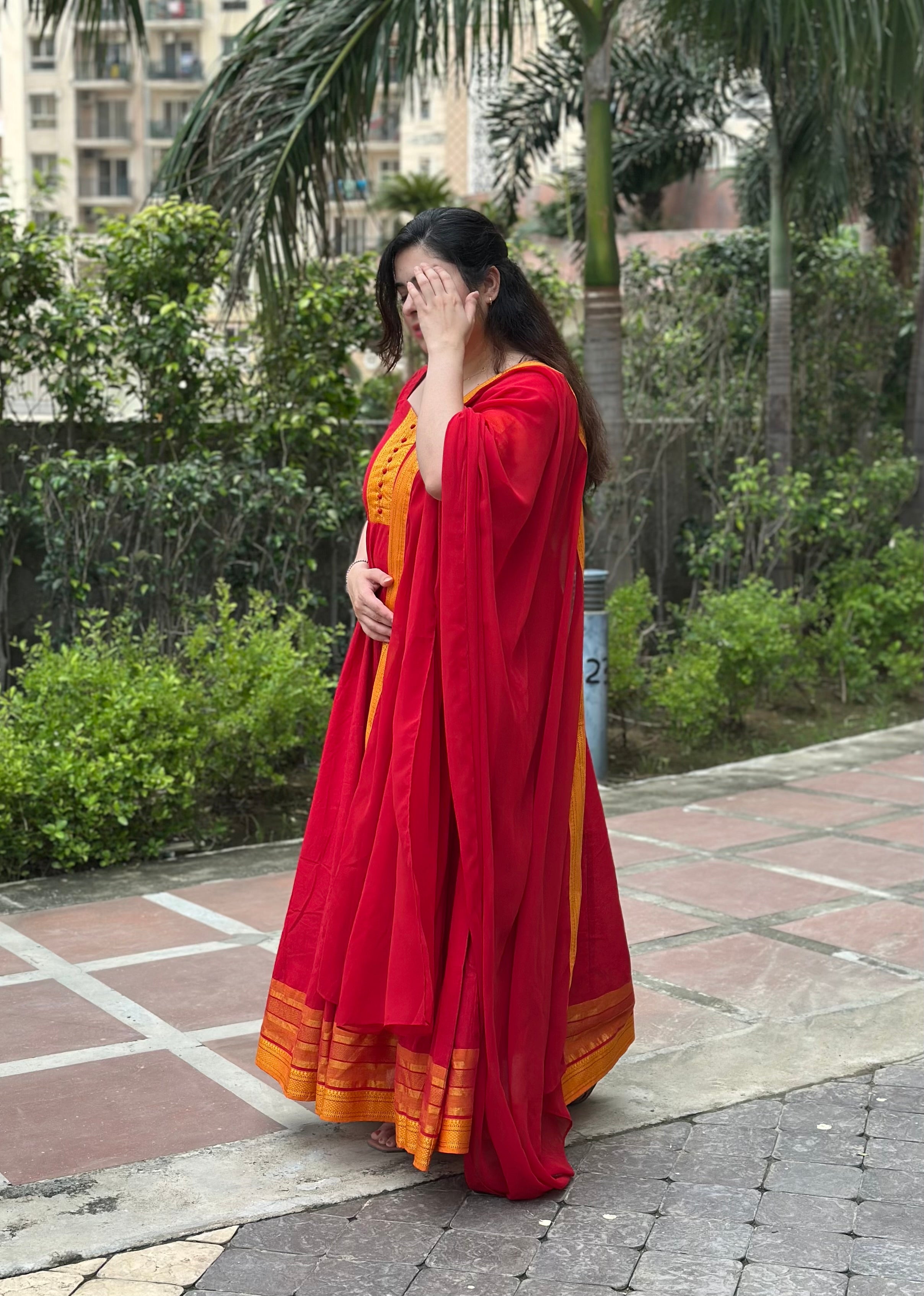 Red Cotton Anarkali Gown with zari Border| South Temple Style