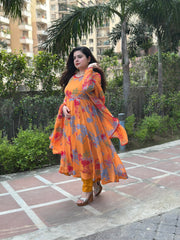 Orange Floral Chiffon Anarkali Suit Set| Kasumi