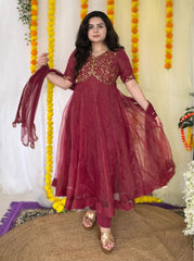 Party wear hand embroidered glass tissue anarkali set