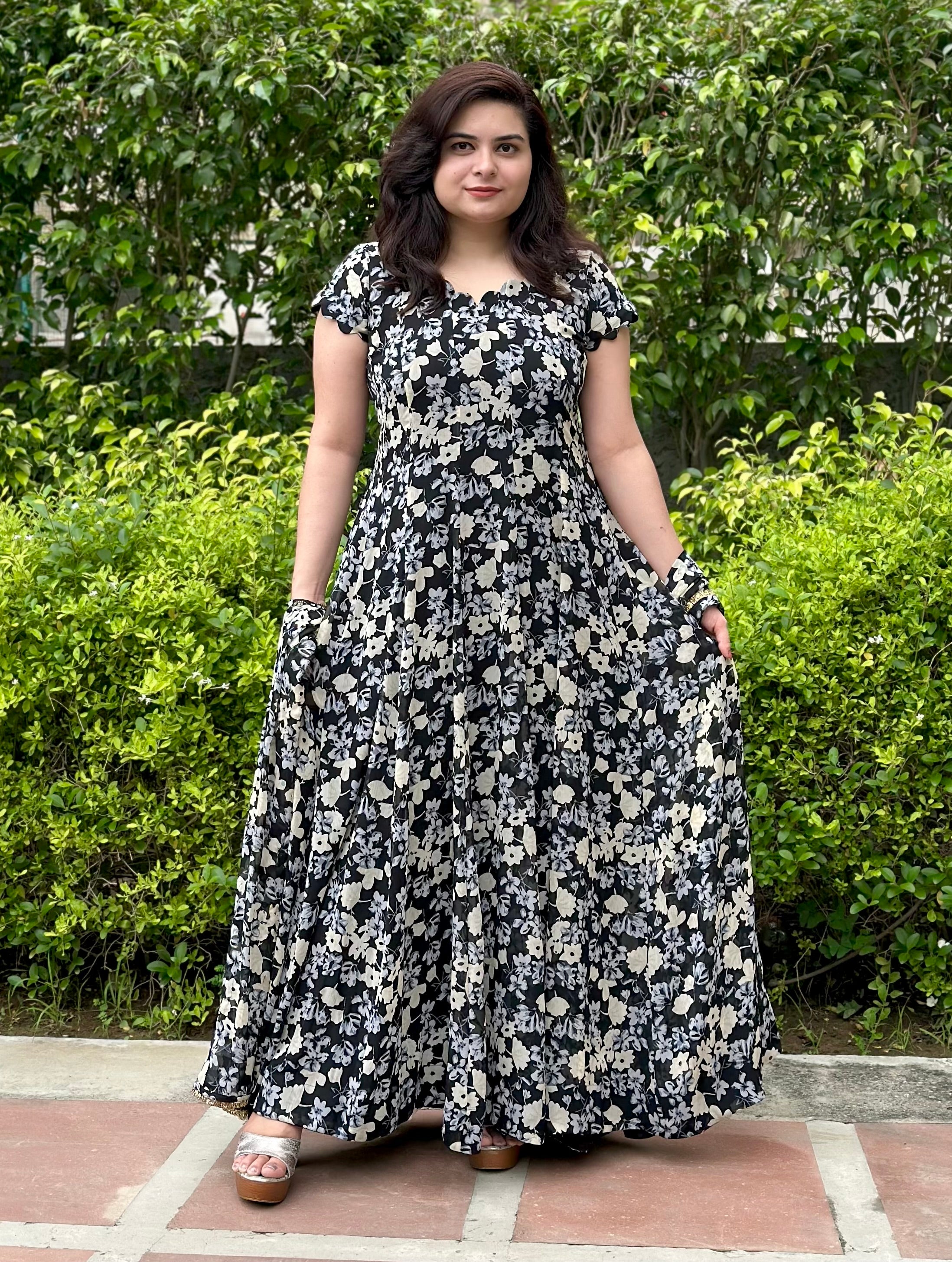 Black Printed Full panel Cut Anarkali With Hand-embroidered Dupatta