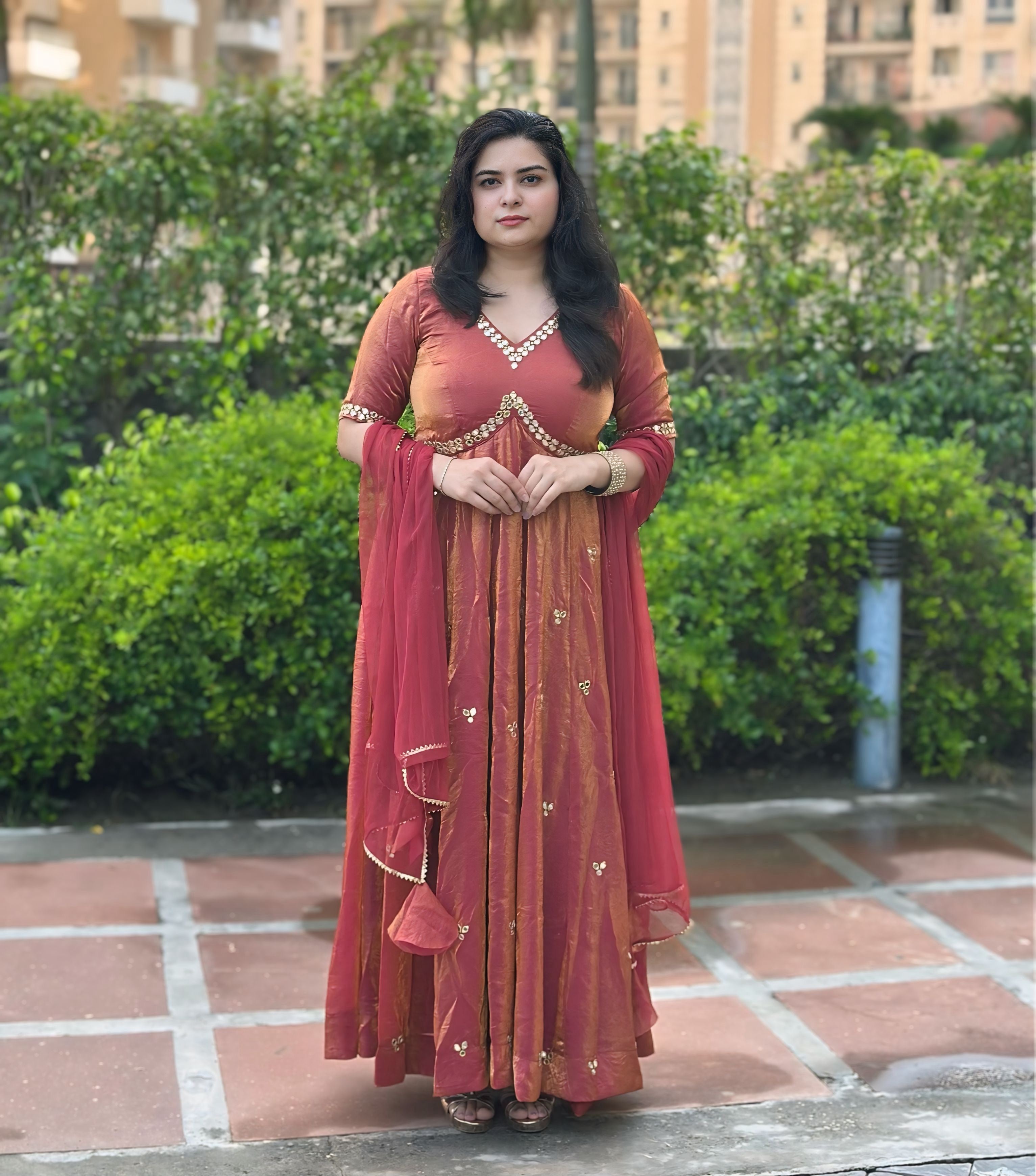 Bronze Silk Hand Embroidered Anarkali-Wedding &Festive wear